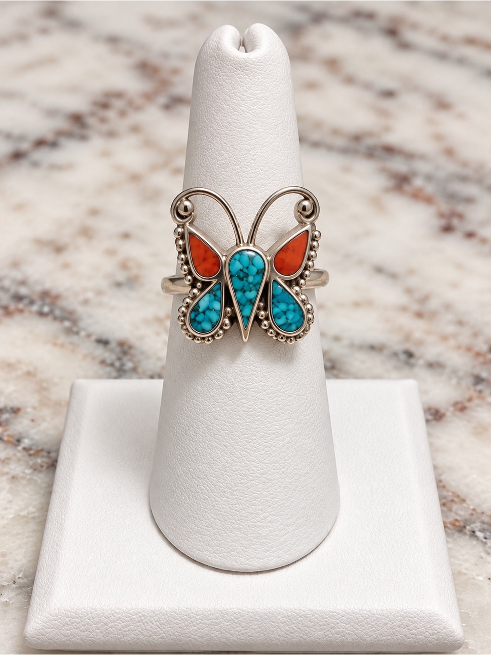 Vintage Butterfly Ring Inlaid Turquoise & Coral Size 7 Southwestern Style